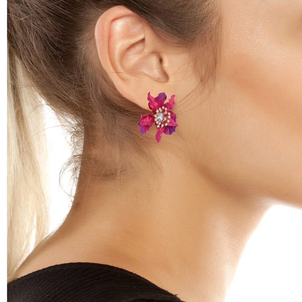 Betsey Johnson Gold Plated Rhinestone Orchid Stud earrings - Picture 4 of 4